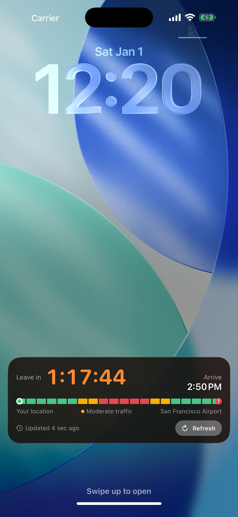 Time To Leave! counting down on the iPhone Lock Screen, with the traffic bar for the route
