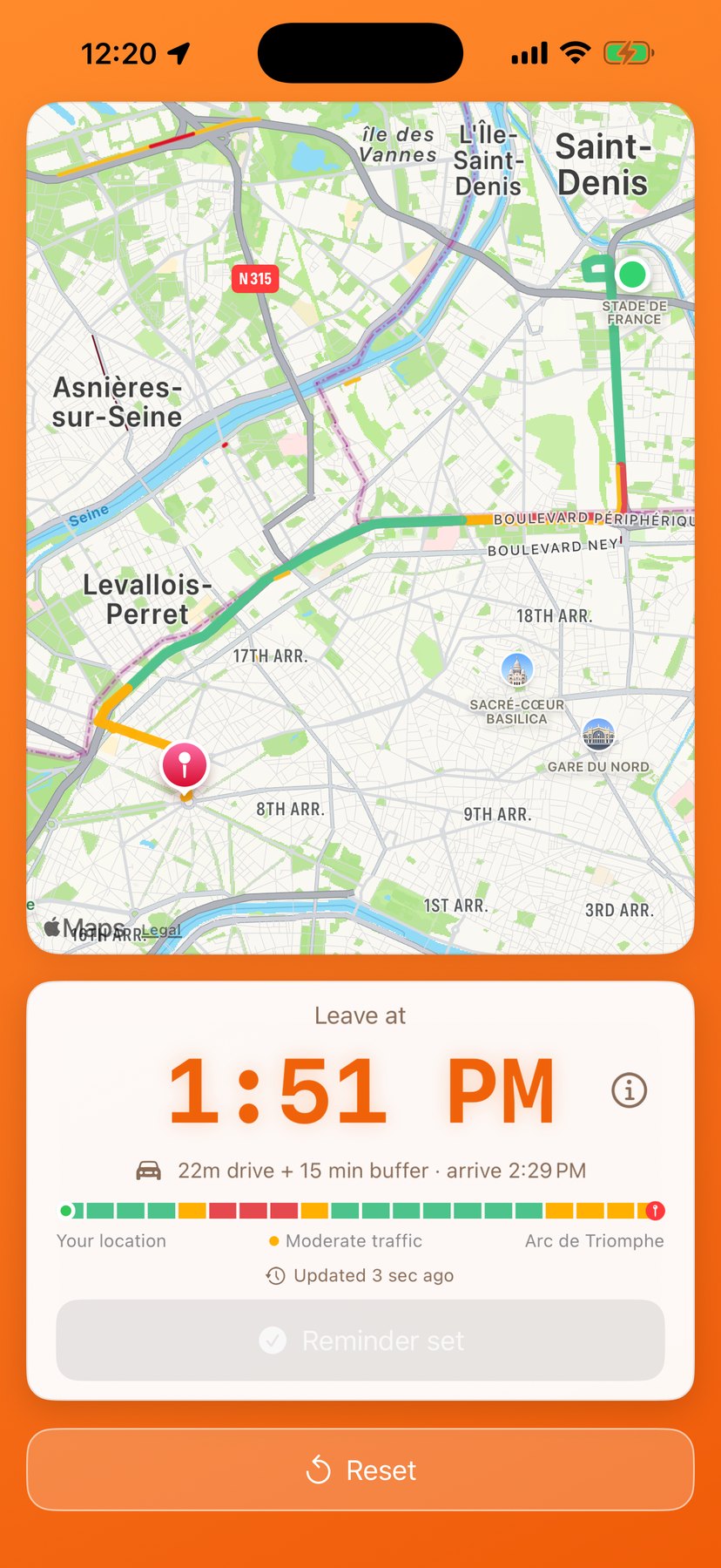 Time To Leave! showing a departure time, with the route coloured by traffic on the map and the matching traffic bar below